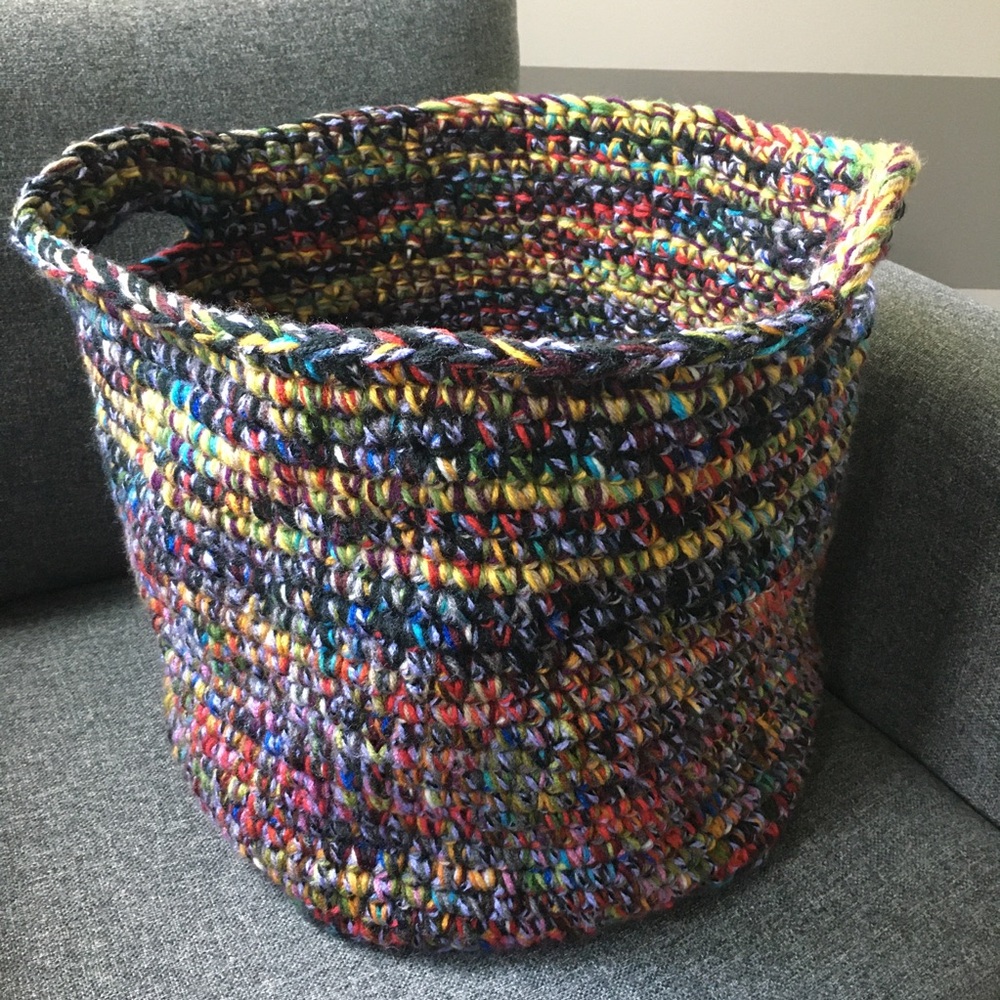 Hand Crocheted Large Multi-Colored Wide Round Double Handle Basket